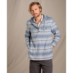 Toad & Co Barrel House Hoodie Popover Men's Size M Blue Khaki Stripe Coastal